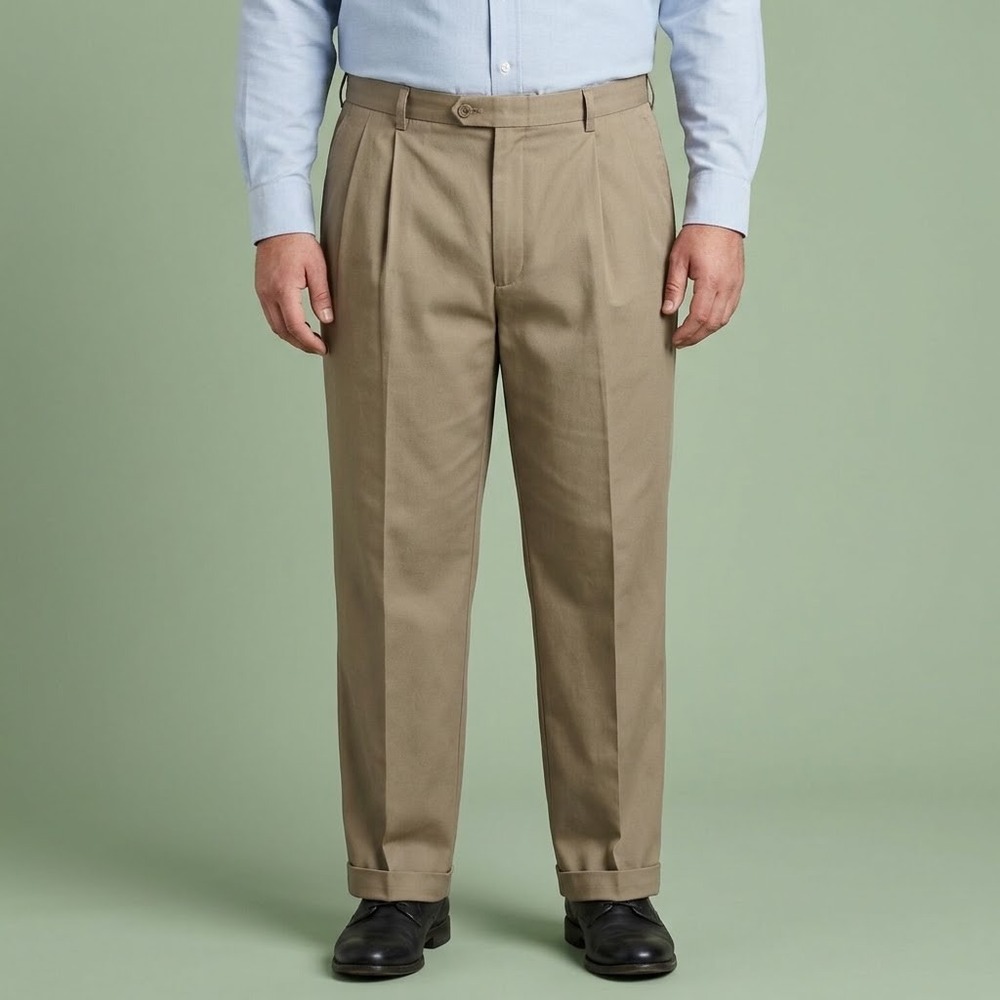 Kirkland Signature Mens Pleated Chino Pants 36x32 Khaki Tan Cotton Blend EUC